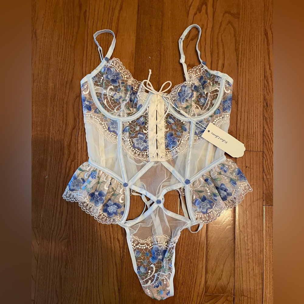 For Love And Lemons Blue and White Floral Lace Bodysuit